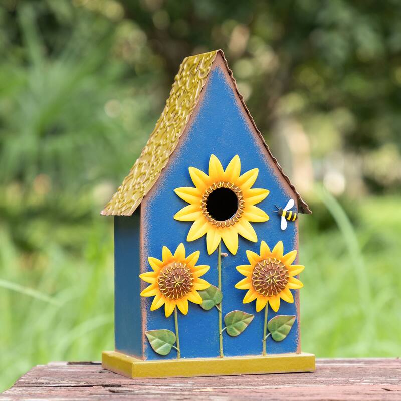 Glitzhome 52.5''H Blue Green Metal Sunflower Decorative Garden Birdhouse with Stake