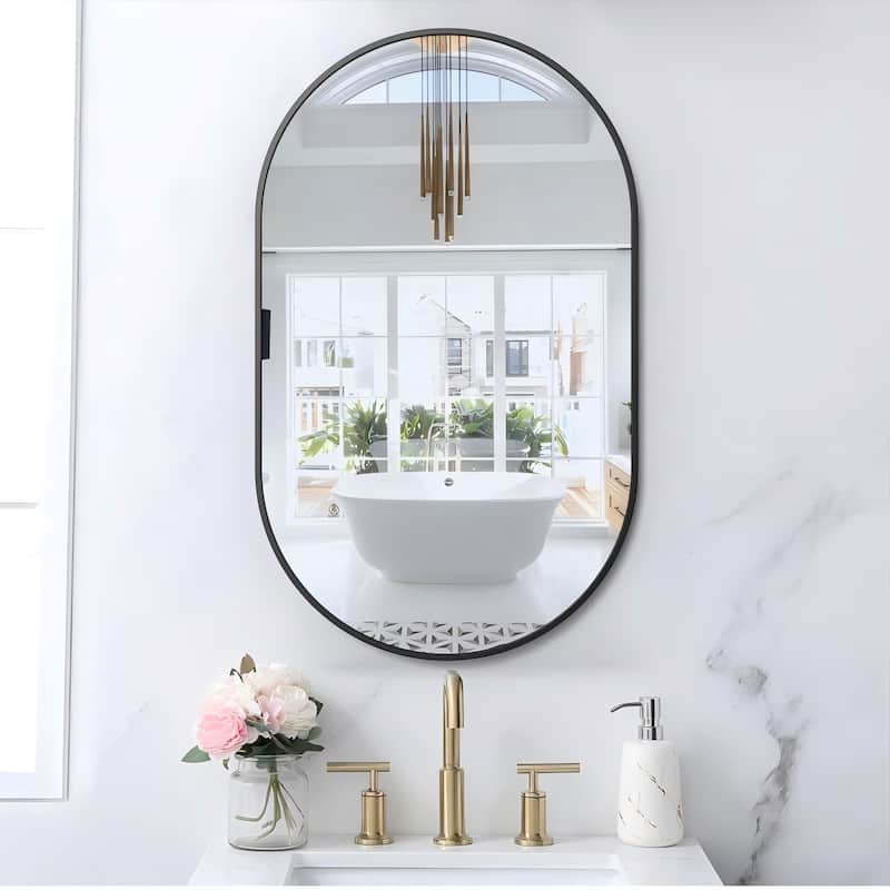 KIOTEE Oval Black Aluminum Alloy Framed French Cleat Mounted Wall Decor Bathroom Vanity Mirror with 5-Year Warranty - 20x32