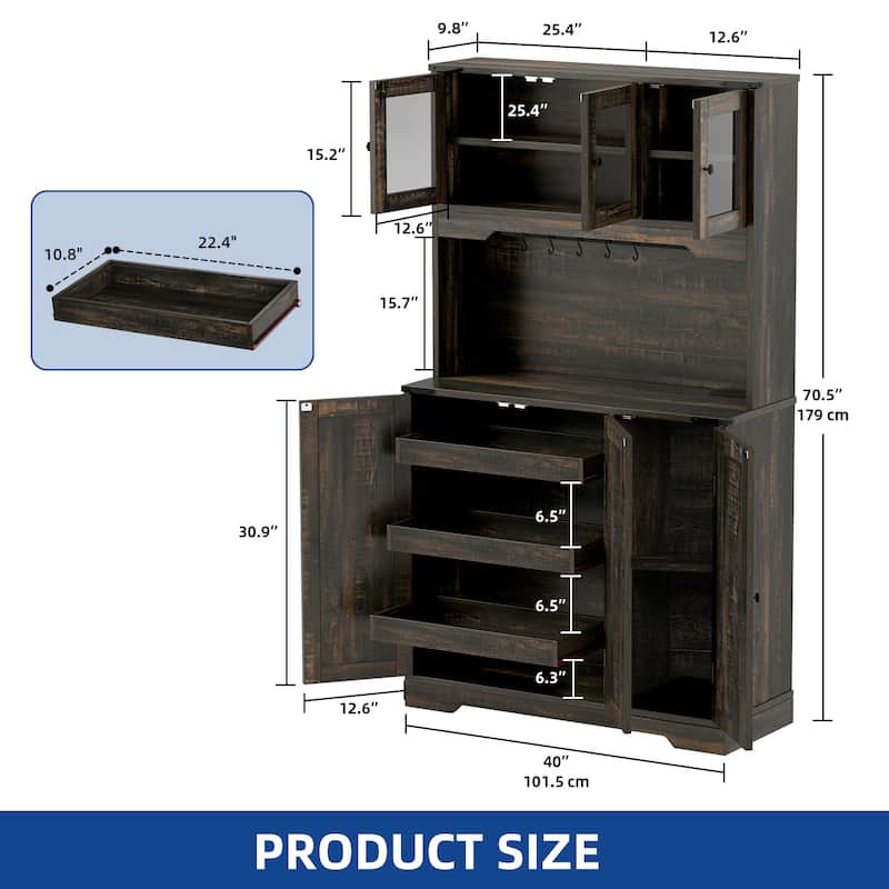 Moasis 71" Tall Buffet Hutch Kitchen Pantry Storage Cabinet with Charging Station And Storage Drawers