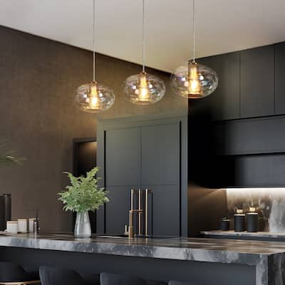 Modern 3-Light Gold Linear Chandelier Colored Ripple Glass Island Pendant Lights - W31.5" x H66" Max
