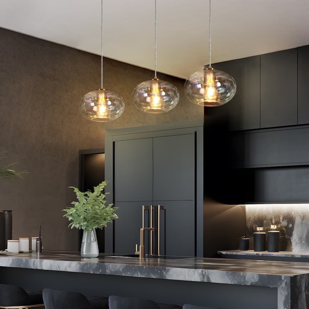 Modern 3-Light Gold Linear Chandelier Colored Ripple Glass Island Pendant Lights - W31.5" x H66" Max