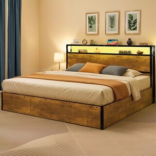 Lift Up Storage King Size Bed Frame LED Built In Headboard Platform ...