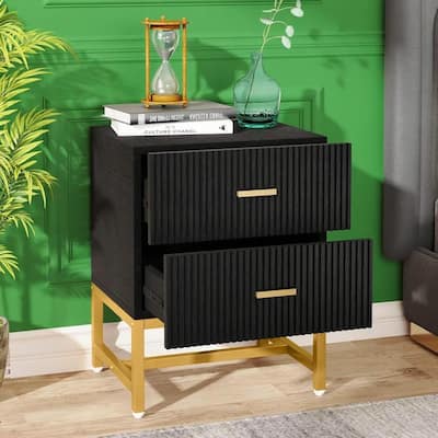 Black Gold Wood and Metal Nightstand with 2 Striped Storage Drawers