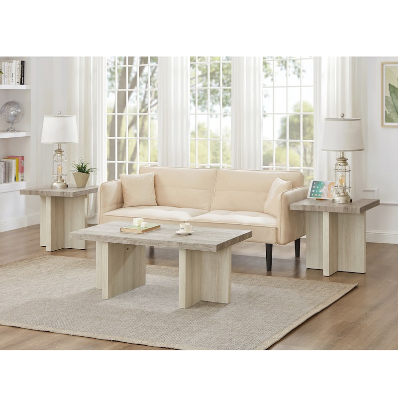 Roundhill Furniture Mchome 3-Piece Coffee Table Set, Coffee Table and Two End Tables - Weathered Gray and Beige