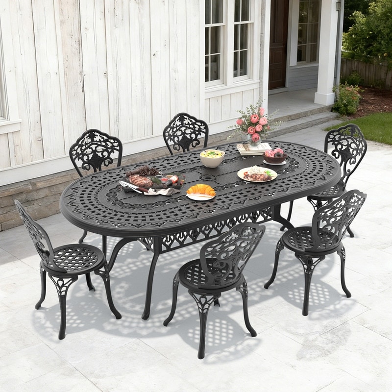 81.89in Oval Black Cast Aluminum Outdoor Dining Table with Unbrella Hole & 6 Outdoor Dining Chairs without Cushion