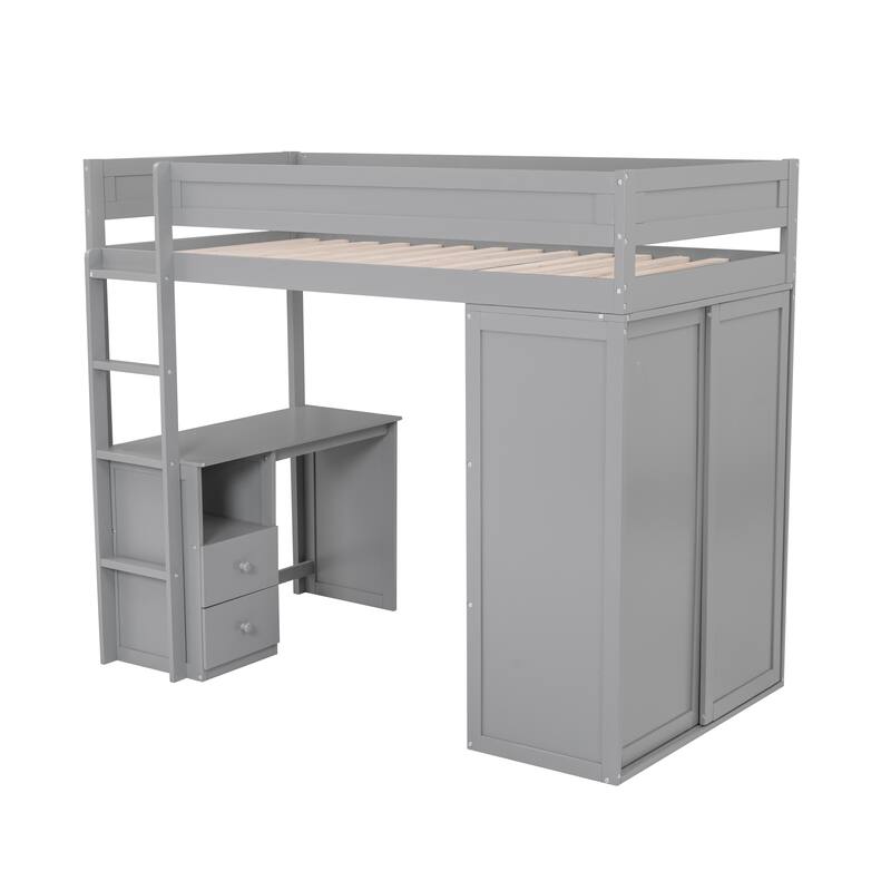 Gray Twin Loft Bed with Wardrobe, Desk & Storage - Space Saving Furniture