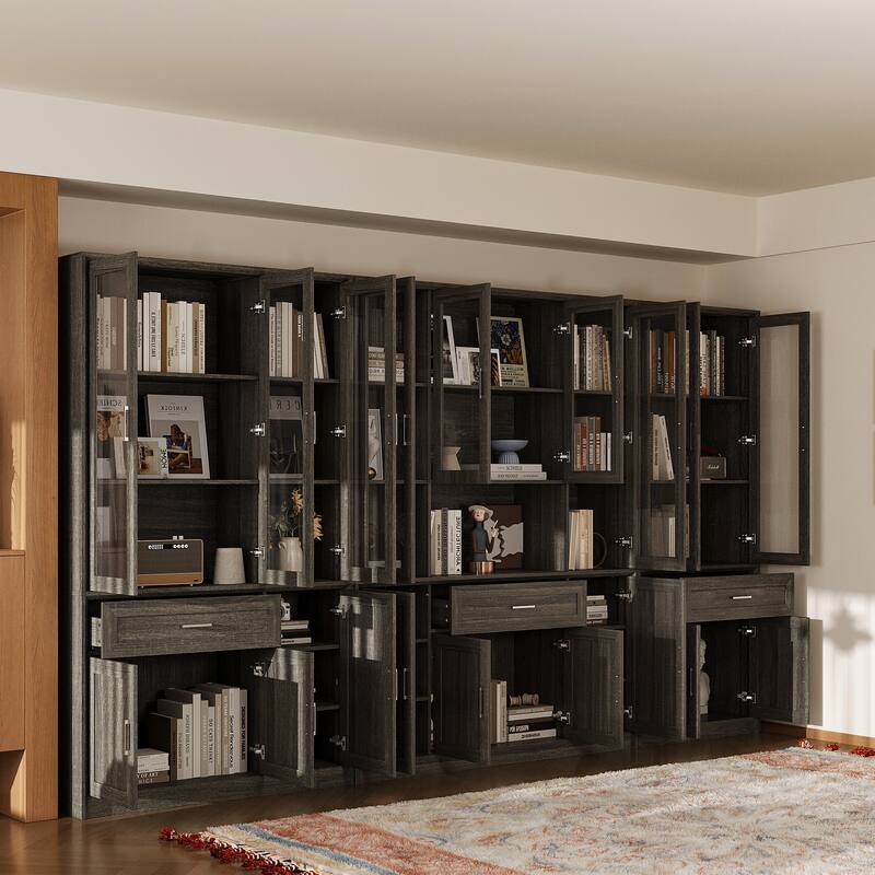 Modular Glass Door Bookcase Wall Unit with Storage Cabinets and Drawers, Dark Oak Display Hutch for Living Room or Home Office