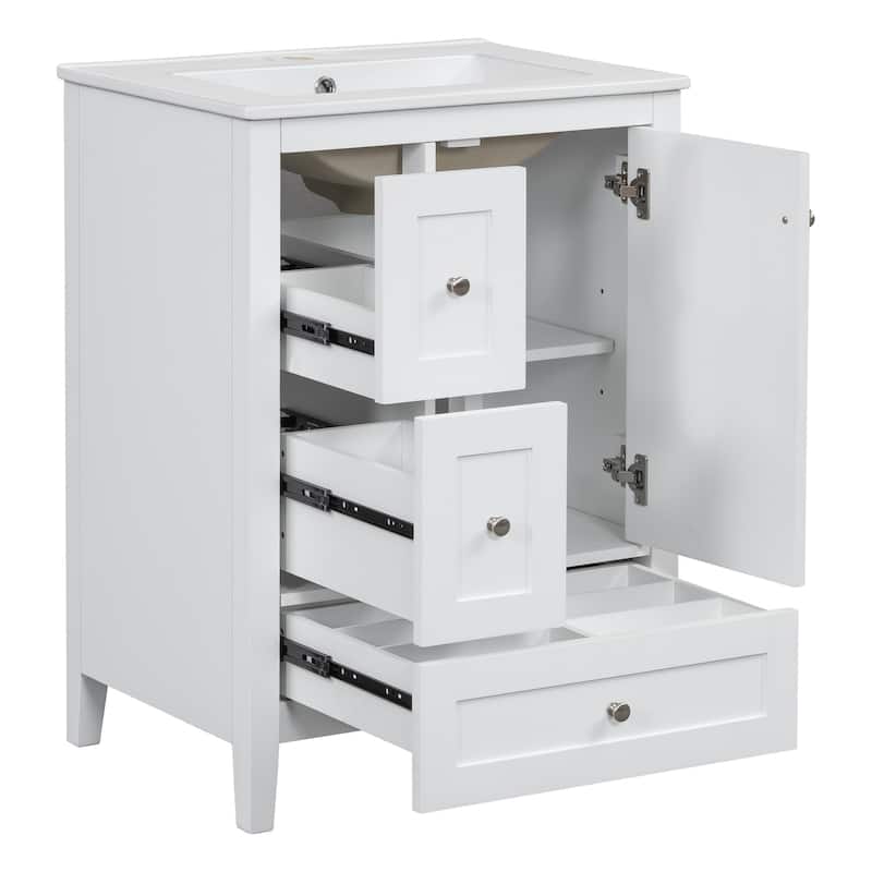 24-Inch Bathroom Vanity with Storage, Adjustable Shelf, MDF & Rubberwood, Removable Dividers