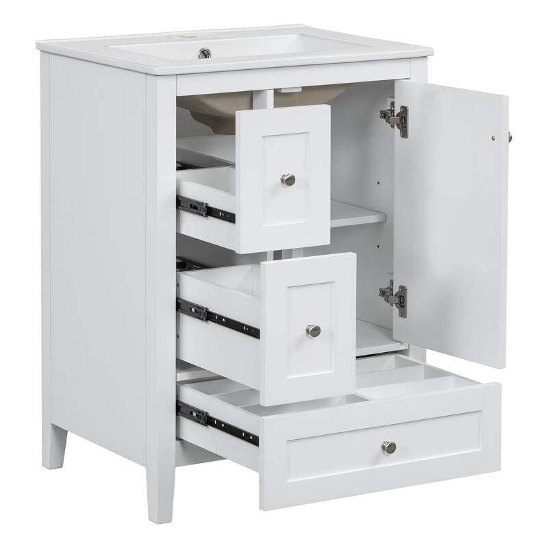 Roomfitters 24" Bathroom Vanity with Sink, Solid Wood Legs, 3 Drawers with Removable Dividers & Adjustable Shelf