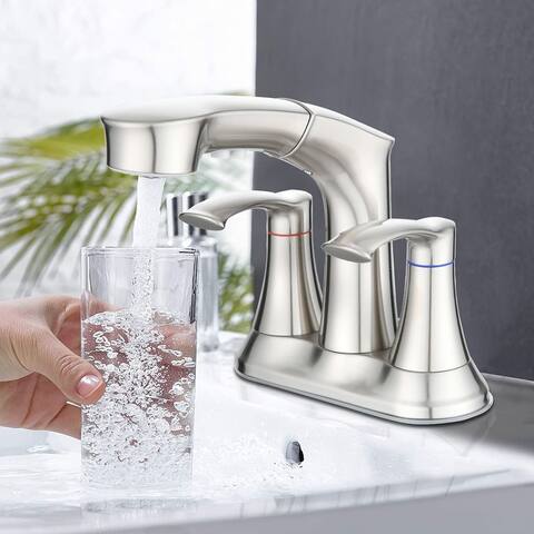 4 Inch Centerset Bathroom Sink Faucet with Pull Out Sprayer Bathroom Faucet with Dual Lever Handle Vanity Tap with 2 Hole