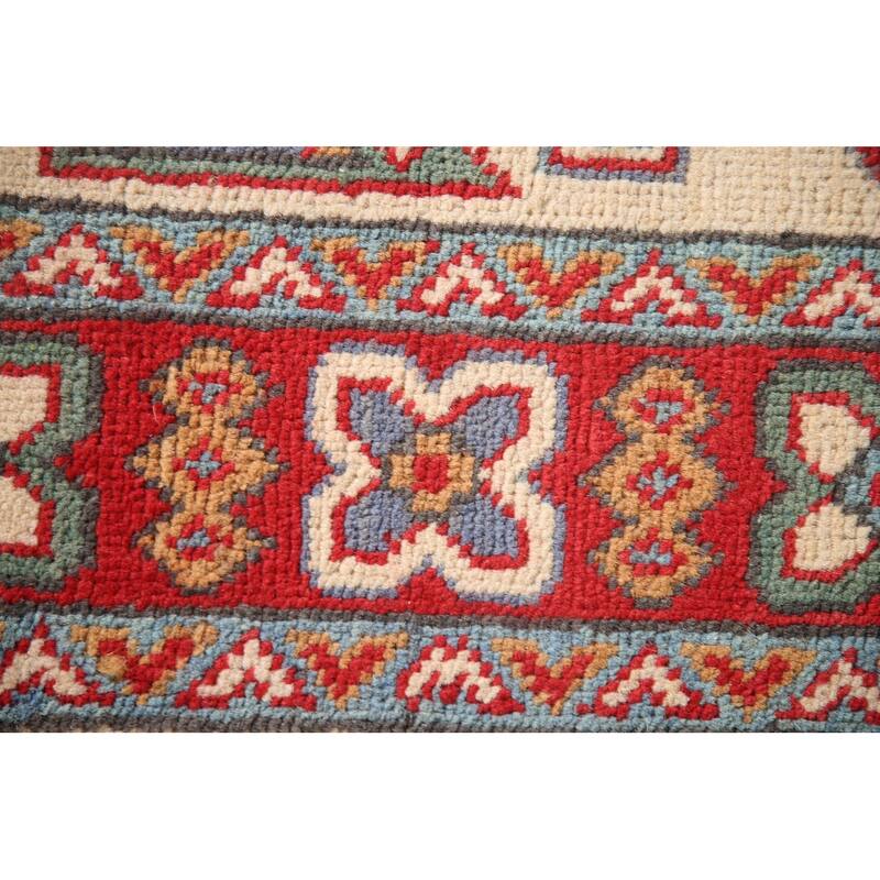 Ivory & Red Geometric Kazak Oriental Accent Rug Handmade Wool Carpet - 2'7" x 4'1"