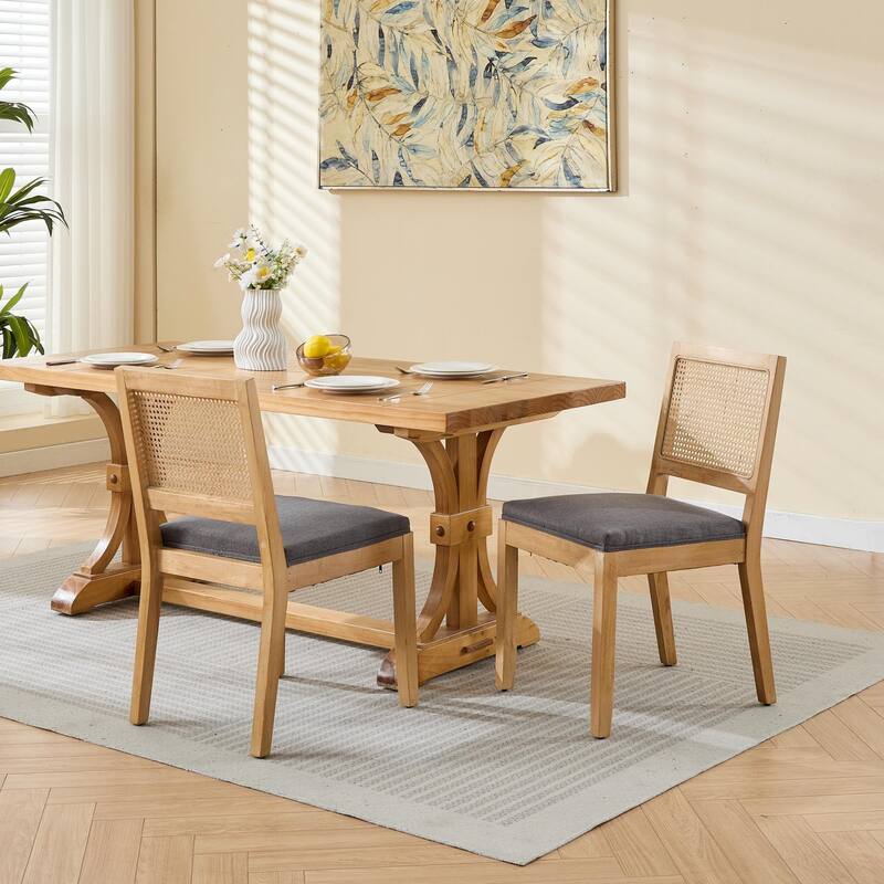 Farmhouse Rattan Dining Chairs with Natural Hardwood Frame (Set of 2)