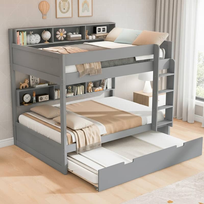 Bunk Bed with Trundle & Dual-Side Storage Shelves by Harper&Bright Designs - Grey - Full