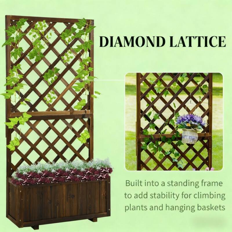 Rustic Wood Raised Garden Bed, Trellis and Drainage for Outdoor Use