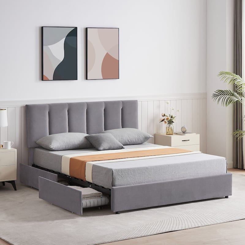 Javlergo Bed Frame with Storage Drawers, Upholstered Platform Bed Frame with Adjustable Headboard