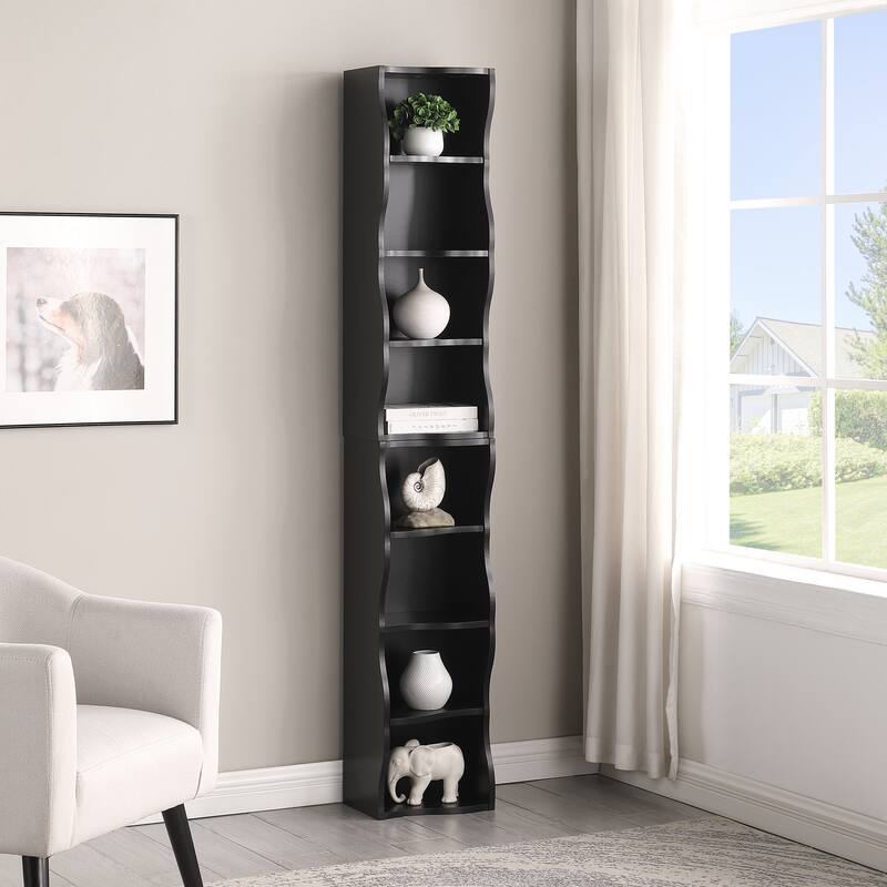 Roomfitters 8-Tier Tall Narrow Bookcase with Wavy Edge Design, Adjustable Shelves Slim Bookshelf for Living Room or Office - Black