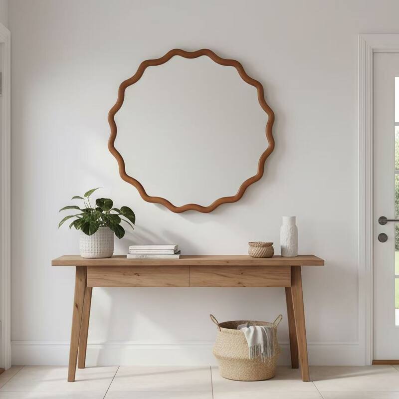 24 inch Wavy Round Solid Wood Frame Decorative Mirror