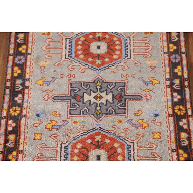Geometric Grey Kazak Foyer Rug Hand-Knotted Wool Carpet - 3'0"x 5'0"
