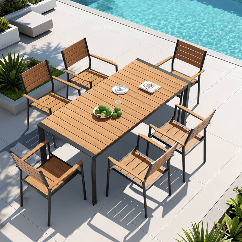 7-Piece Outdoor Patio Dining Set Wood Like Table Top Aluminum Rectangular Umbrella Hole Table with Stackable Armrest Chairs - Brown