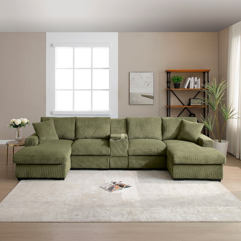 Modern Memory Foam Couch Corduroy U-shaped Sectional Sofa with Storage Console, Cup Holders and USB Ports for Living Room - Green