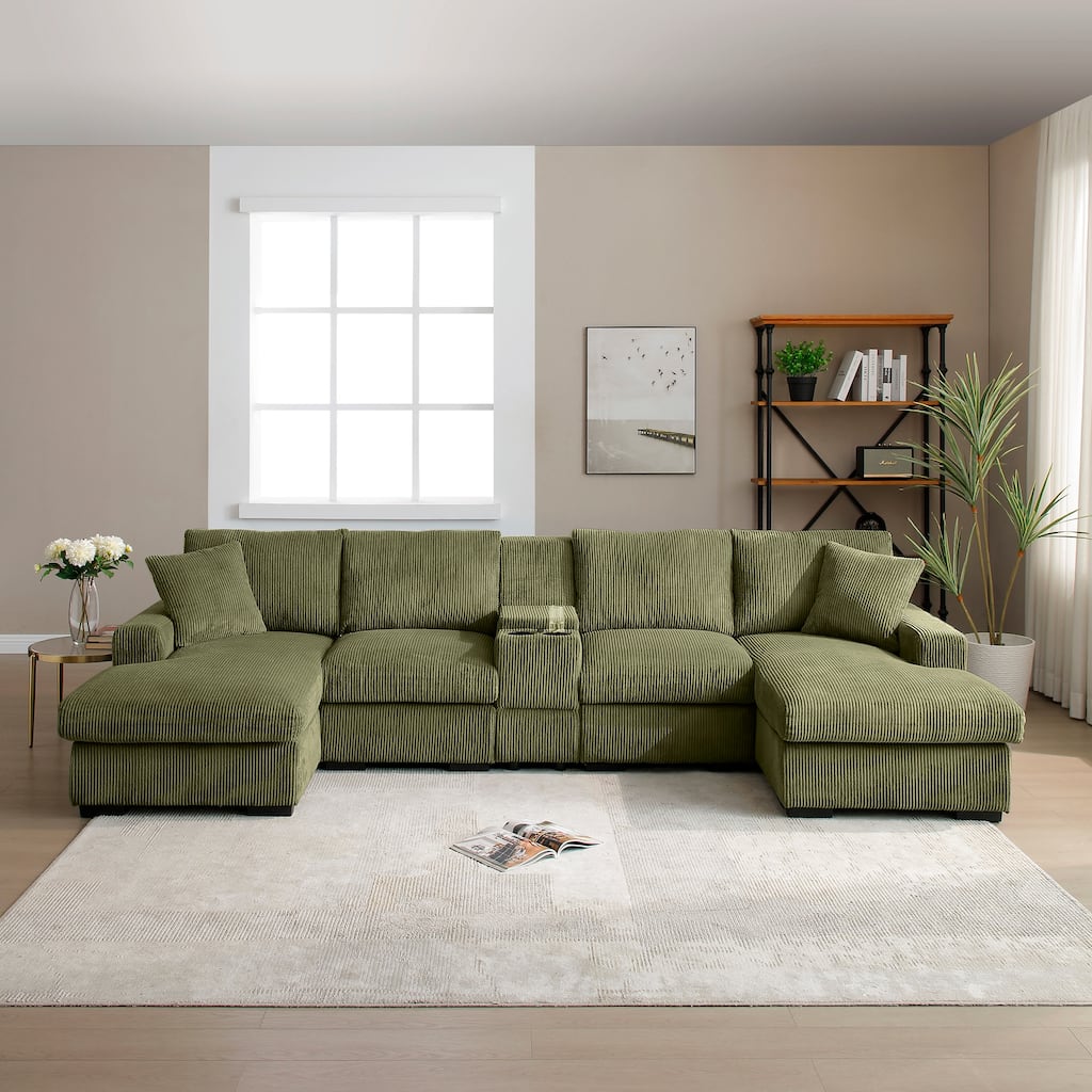 Modern Memory Foam Couch Corduroy U-shaped Sectional Sofa with Storage Console, Cup Holders and USB Ports for Living Room