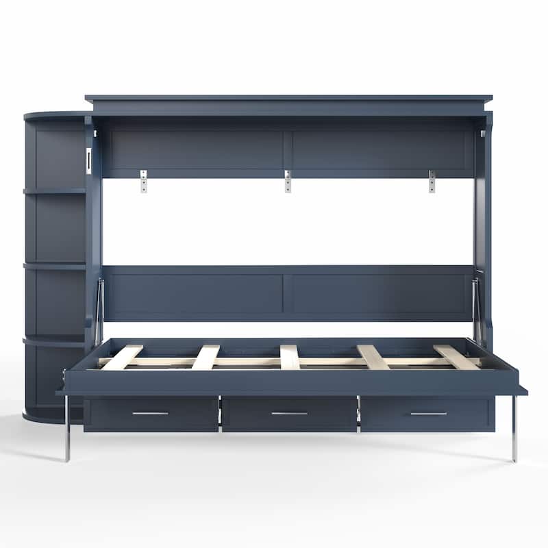 Murphy Platform Bed with Side Cabinets & Drawers, Wall Bed with Shelf for Home Office, Queen or Full