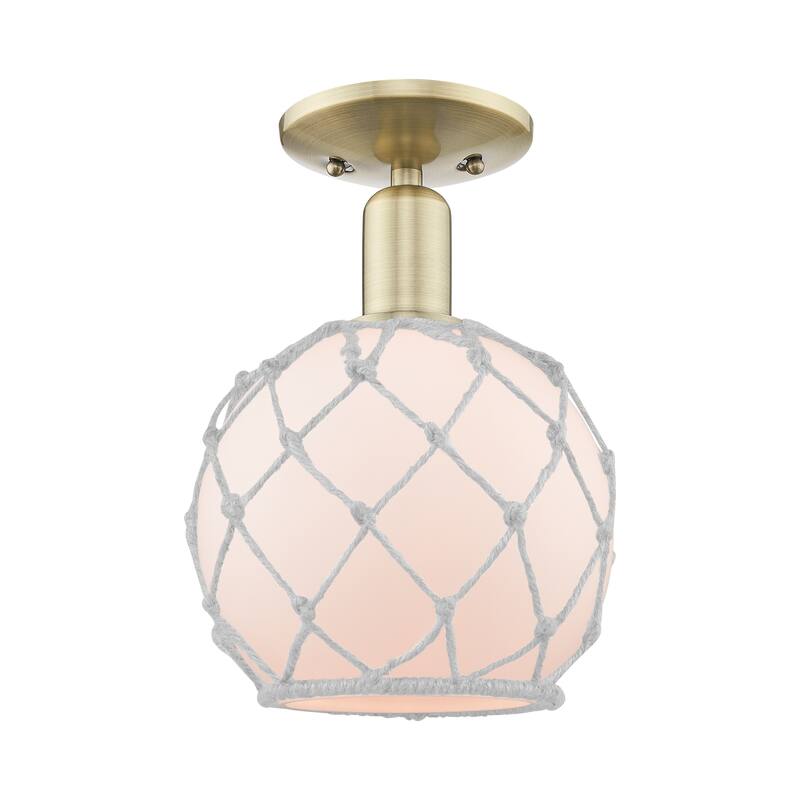 Innovations Lighting Endless Possibilities Arcadia - Farmhouse Rope - 1 Light 8" Semi-Flush Mount - Antique Brass/White Glass with White Rope