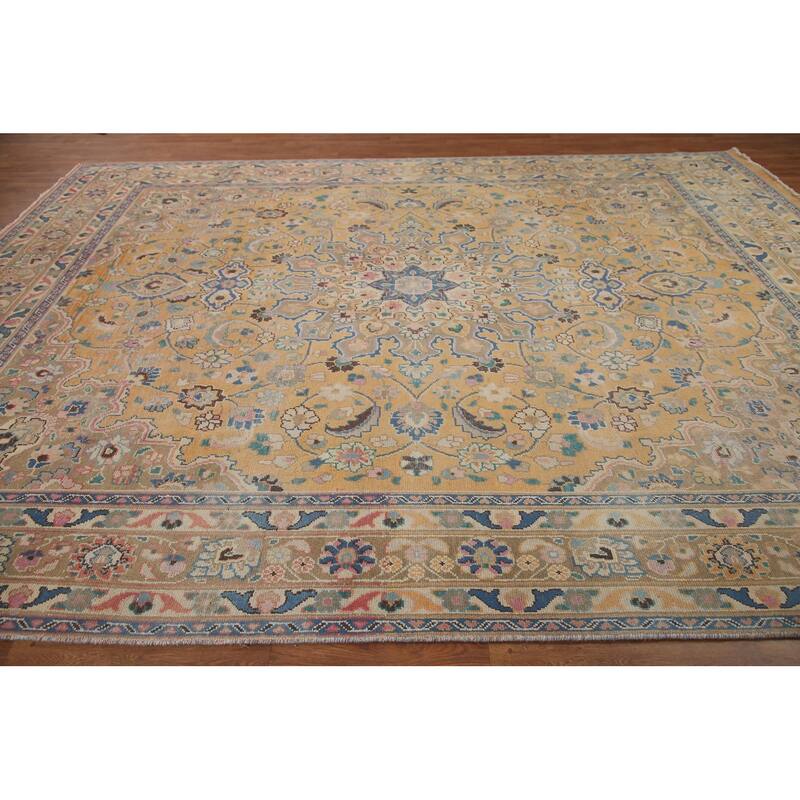 Hand Knotted Oriental 100% Wool Carpet Traditional Floral Yellow & Gold Mashad Area Rug - 12' 4'' X 9' 7''