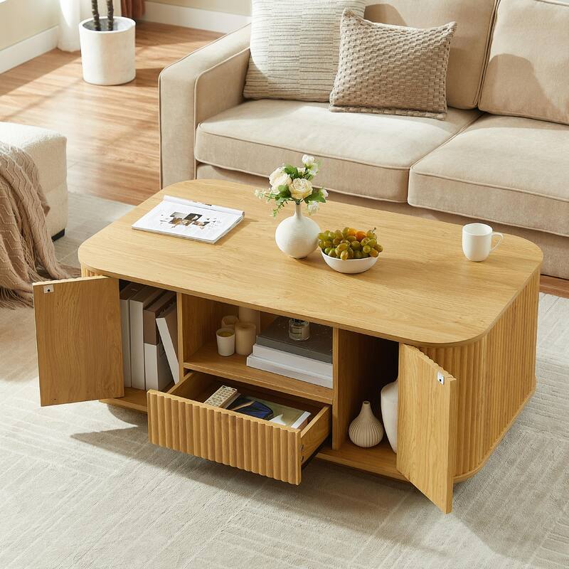 46.5" Modern Luxury Oval Coffee Table with Drawers and Storage Compartments - Natural