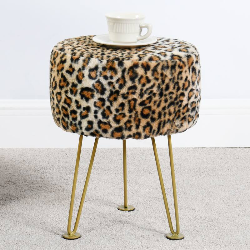 Home Soft Things Leopard Fauxfur Ottoman with Gold Metal Legs - 13"x13"x17"