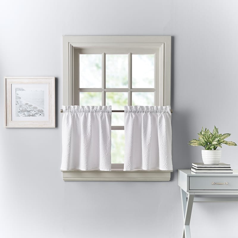 DKNY Chrysanthemum Floral Valance, Swag & Tier Pair Curtain Collection - White - 36-in Tier Pair