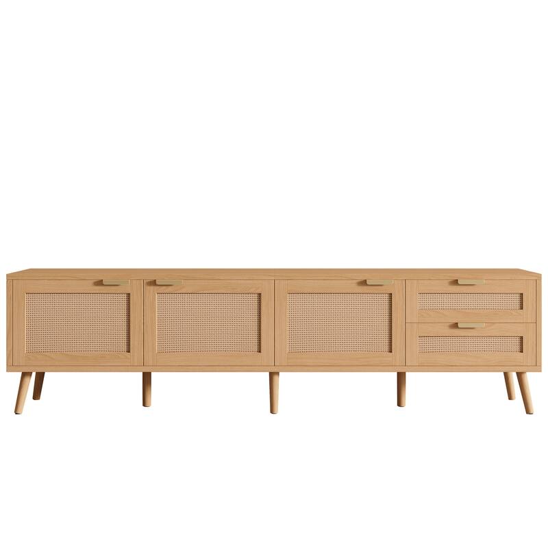 PE Rattan Doors TV Cabinet TV Stand for TVs up to 80", Media Storage Cabinet TV Console with 2 Drawers & Solid Wood Legs