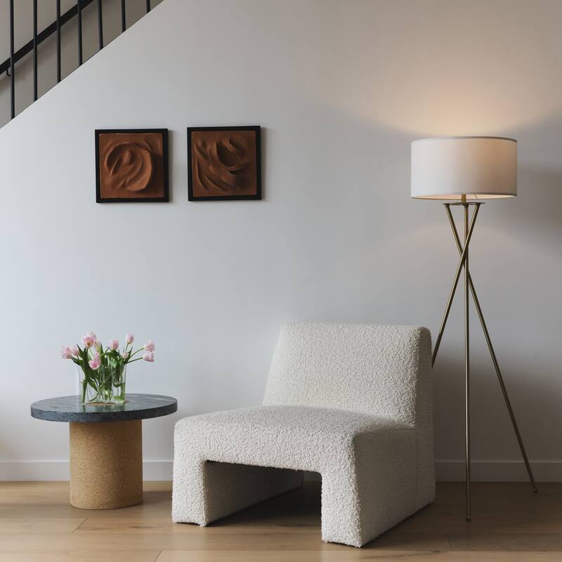 Brightech Jaxon 60 in. Antique Brass Mid-Century Modern LED Super Bright Floor Lamp with White Fabric Drum Shade