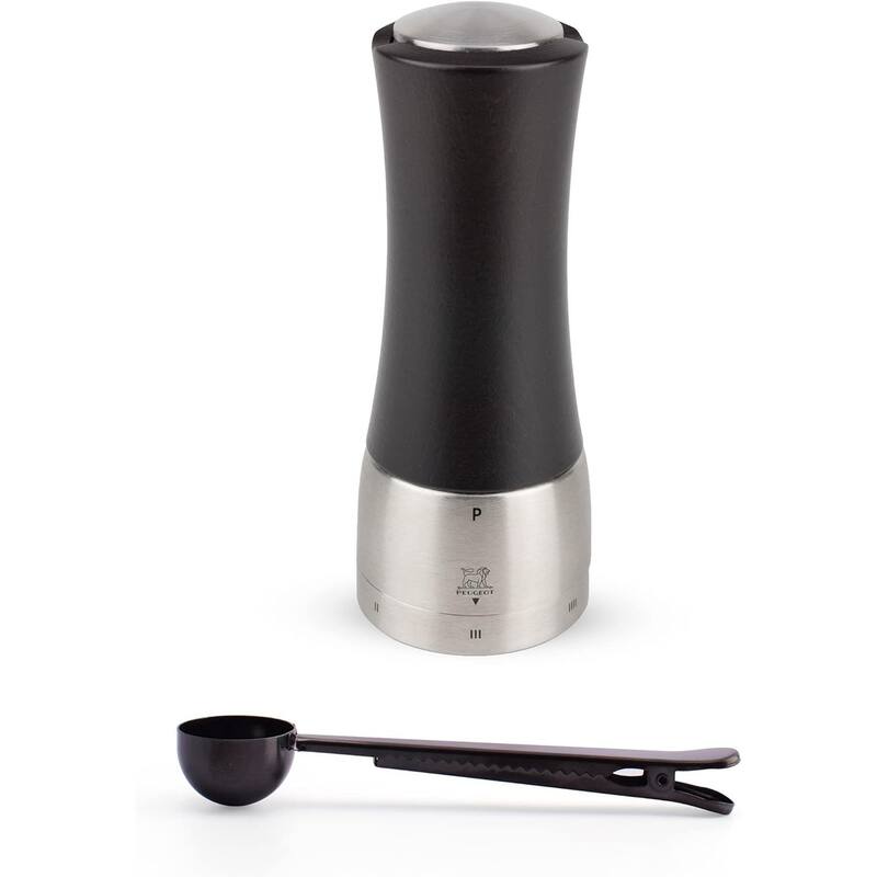 Peugeot Madras U'Select Shaftless 6-1/2-Inch Pepper Mill Gift Set, Chocolate - With Stainless Steel Spice Scoop & Clip - Black - 2 Piece