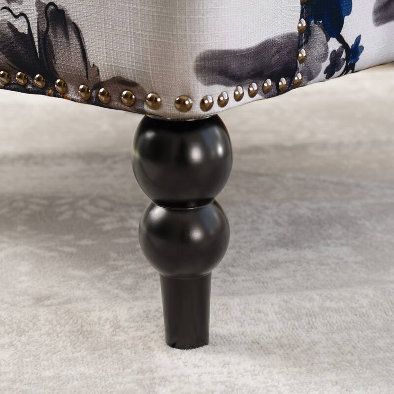 Tufted Floral Fabric Club Armchair with Turned Wood Legs and Nailhead Accents