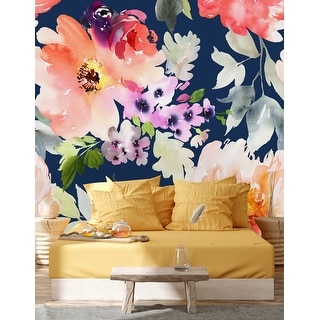 Large Watercolor Flowers on Navy Background Wallpaper Mural - - 32617114
