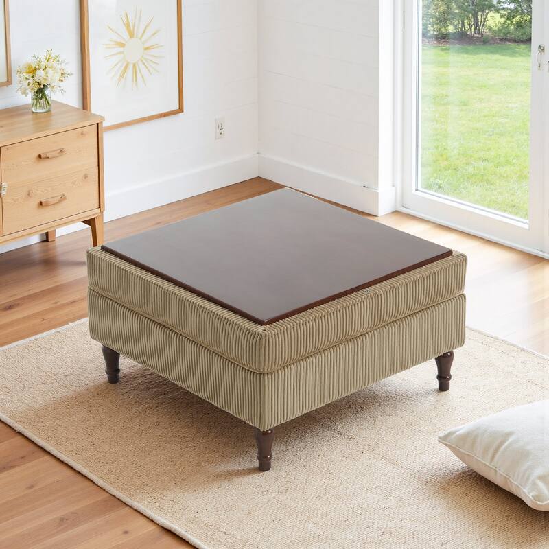 31.78" W Oversized Square Upholstered Storage Ottoman with Wooden Tray