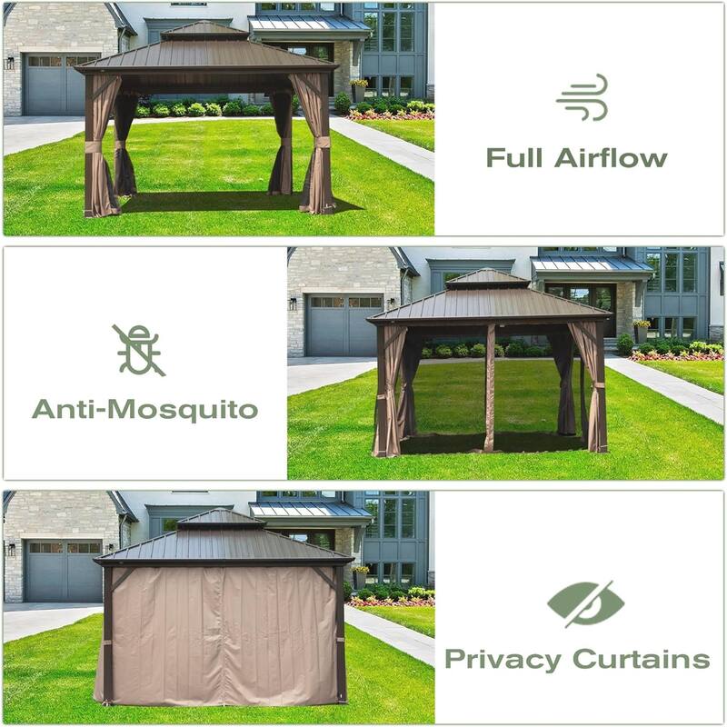 10x12 FT Aluminum Hardtop Gazebo with Double Roof, Curtains, and Netting for Outdoor Events
