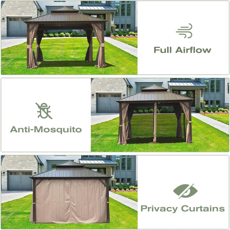 Aluminum Metal Hardtop Gazebo with Galvanized Steel Double Roof Canopy, Curtain and Netting