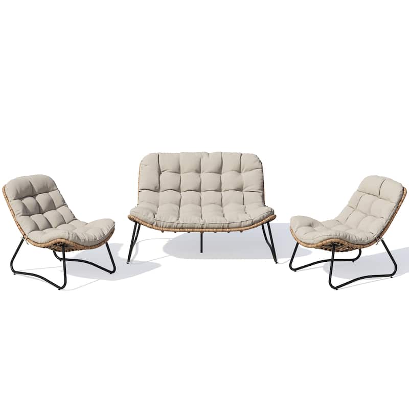 Double Papasan Chair Loveseat with Cushion, All-weather PE Rattan and Metal Frame for Indoor Outdoor - Beige with 2 single chairs