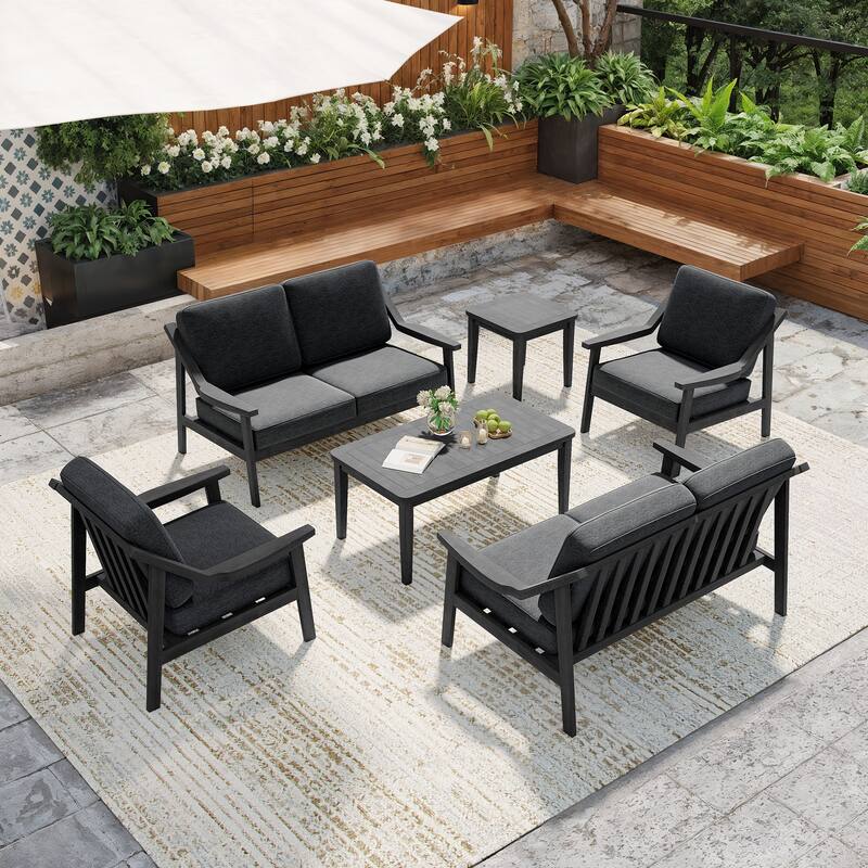 6-piece Wood Patio Chat Set Teak Conversation Set with Cushion - Dark Grey - Black Wood