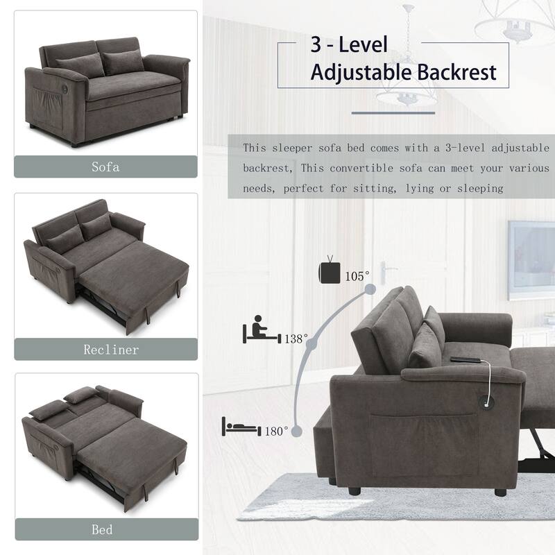 55" Velvet 2-Seater Sleeper Sofa with USB Ports And Storage Pockets for Living Room