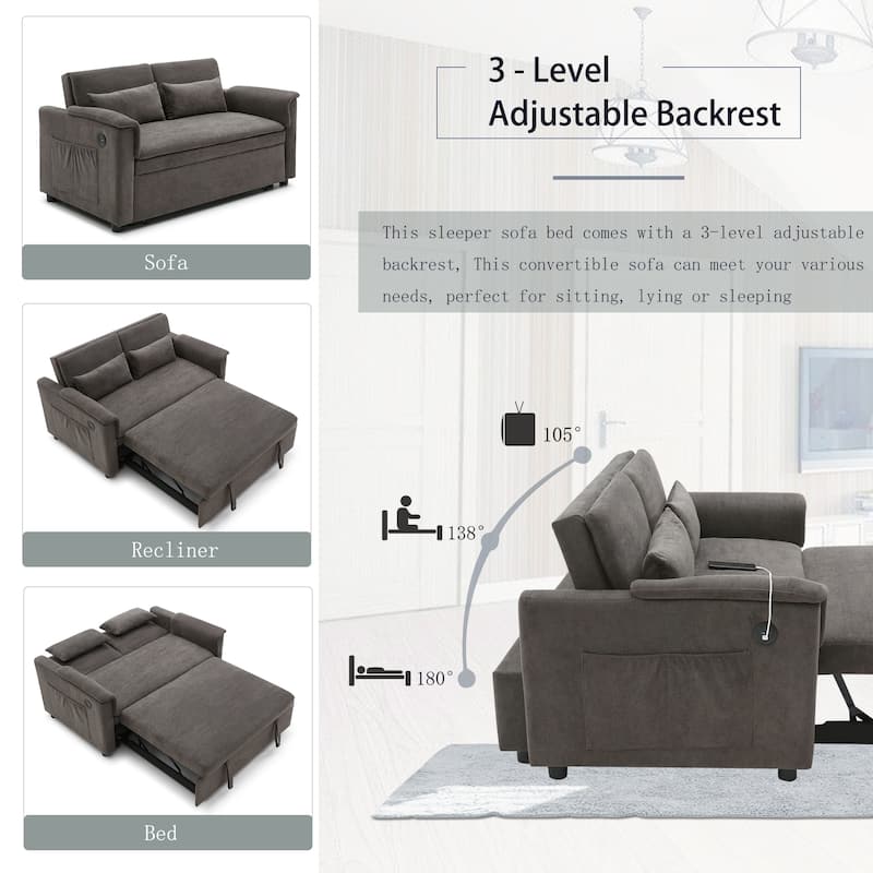 55"Velvet Two Seater Pull Out Sofa Bed,Adjustable Backrest With Usb Ports,3 In 1 Convertible Sleeper Sofa Bed,2 Waist Pillows