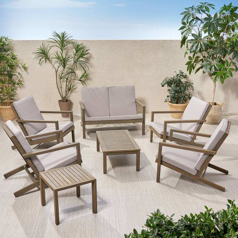 Leah Outdoor 6-Seater Acacia Wood Chat Set by Christopher Knight Home - Gray Finish