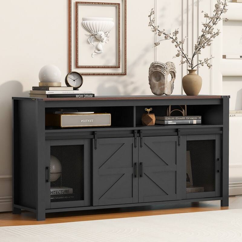 Farmhouse 59.3" Sideboard Buffet with Sliding Barn Doors and Open Storage for Living or Dining Spaces