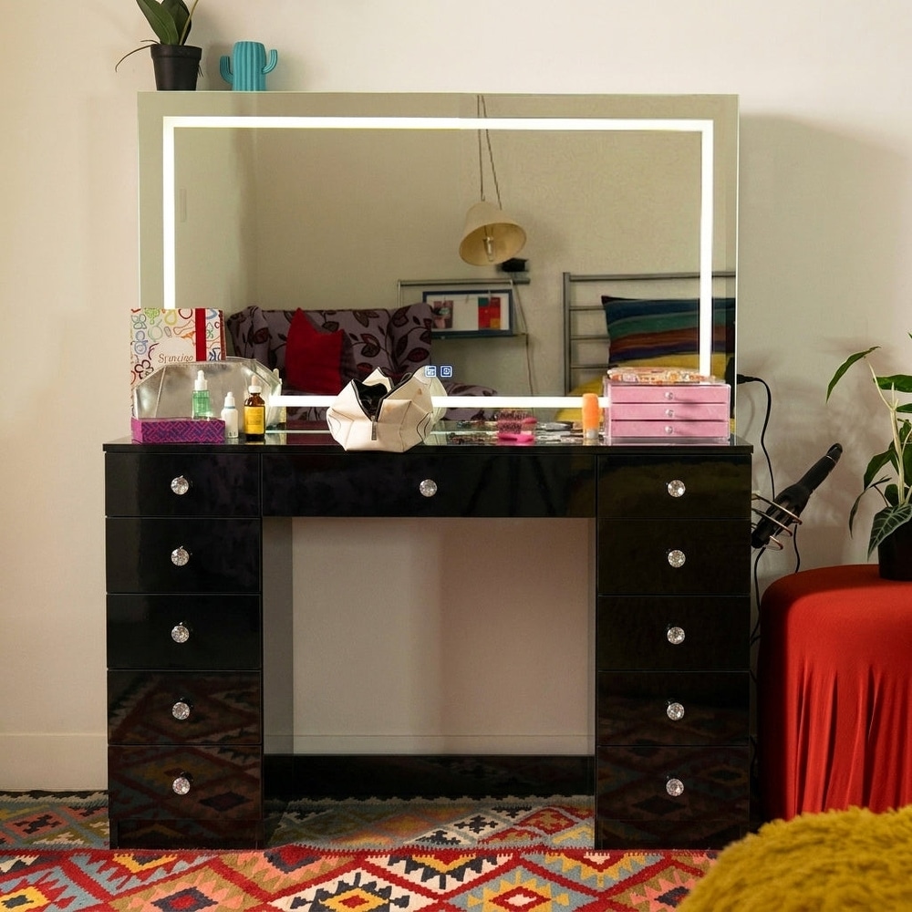 dolce gabbana lace dress black Yanosaku Vanity Desk with Mirror, 11 LED Lights, 5 Drawers, Adjustable Brightness, Chair Included, White