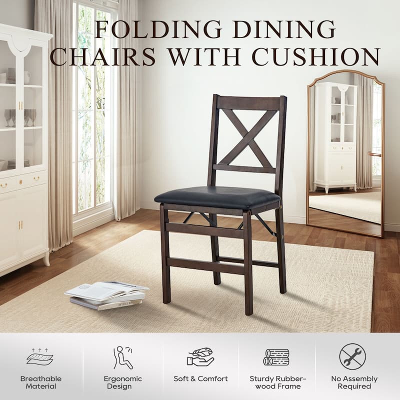 Folding Dining Chairs Set of 2 - Upholstered Wooden Frame - Indoor/Outdoor Space Saver - Pre-Assembled - Set of 2