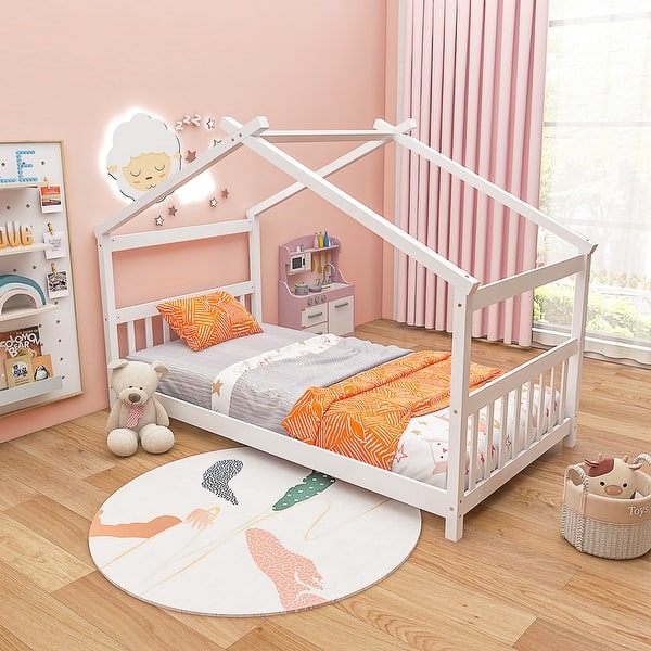 slide 2 of 10, Costway Twin Size House Bed with Roof Wooden Low Floor Bed No Box White - See Details