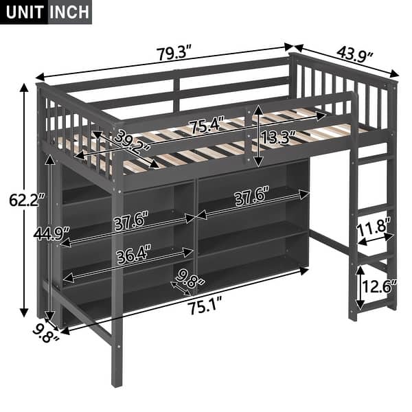 Grey Loft Bed with 8 Open Storage Shelves and Built-in Ladder, Full-length Guardrail