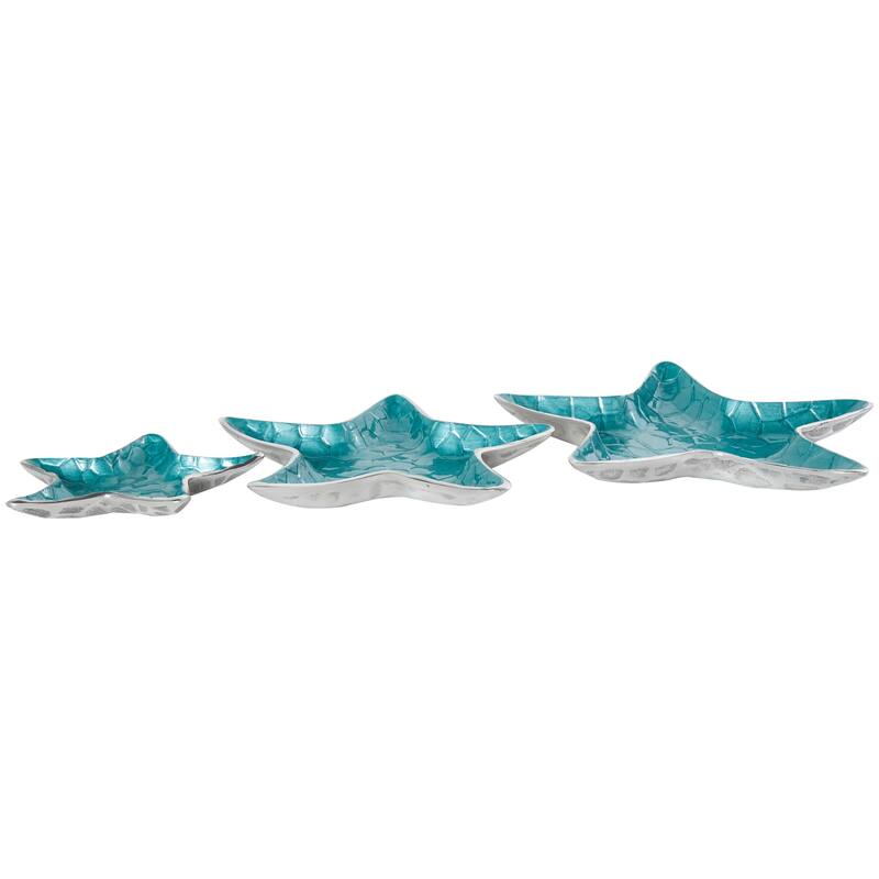 White or Teal Aluminum Metal Handmade Textured Enameled Starfish Decorative Bowl with Silver Base (Set of 3)